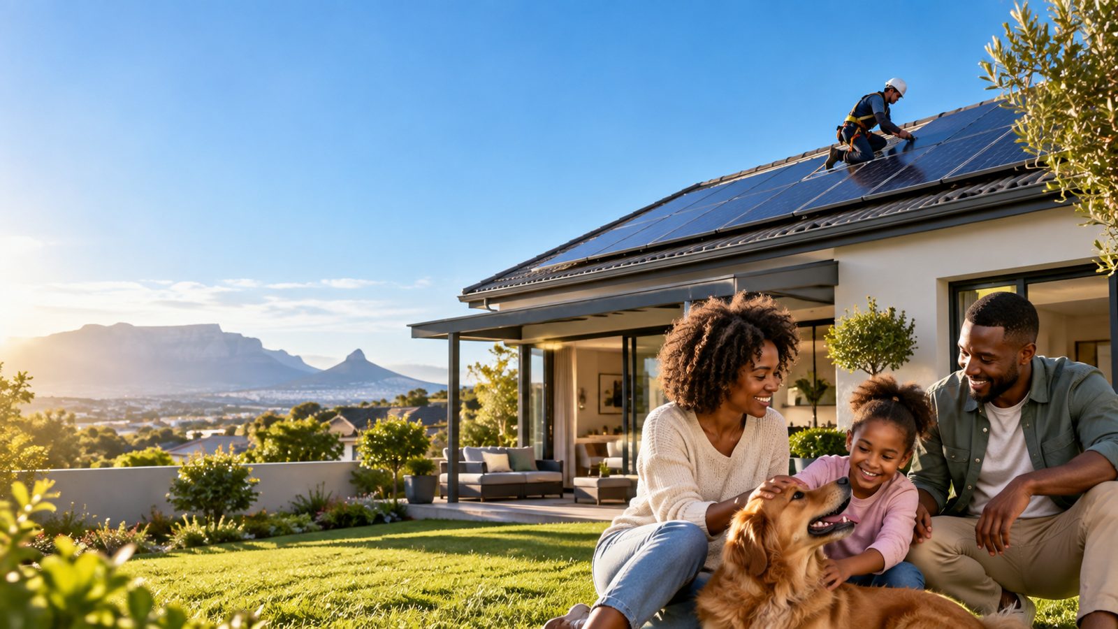 A family enjoying time at home while a solar installer works on rooftop solar panels.